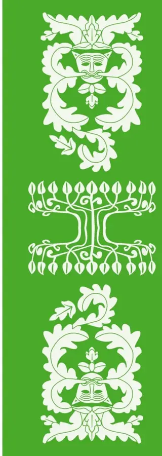 Tres ornamentos de estilo tradicional en blanco sobre fondo verde: dos figuras antropomorfas con tocados y vegetación, y entre ellas un árbol estilizado con ramas y raíces simétricas, que simboliza la transmisión cultural entre generaciones.