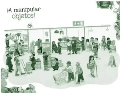 Miniatura de la ficha '¡A manipular objetos!': escena ilustrada en tonos verdes de un mercado con puestos, personas cargando compras y cajas, y niños observando; un letrero de 'Salida' en la parte superior.