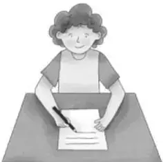 Ilustración de una estudiante sentada en un escritorio, escribiendo con un lápiz sobre una hoja.