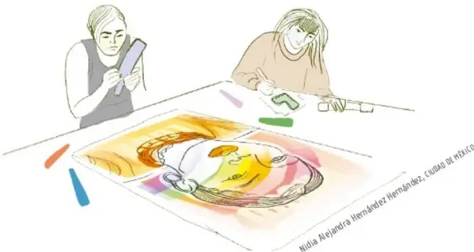 Ilustración de dos estudiantes elaborando un cartel en una mesa; crédito: Niña Alejandra Hernández Hernández, Ciudad de México