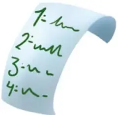 Rollo de papel con una lista numerada escrita a mano (1, 2, 3, 4).