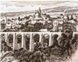 Ilustración antigua de una comunidad con un acueducto o puente de arcos, casas y vegetación; representa cómo se veía el lugar en el pasado.