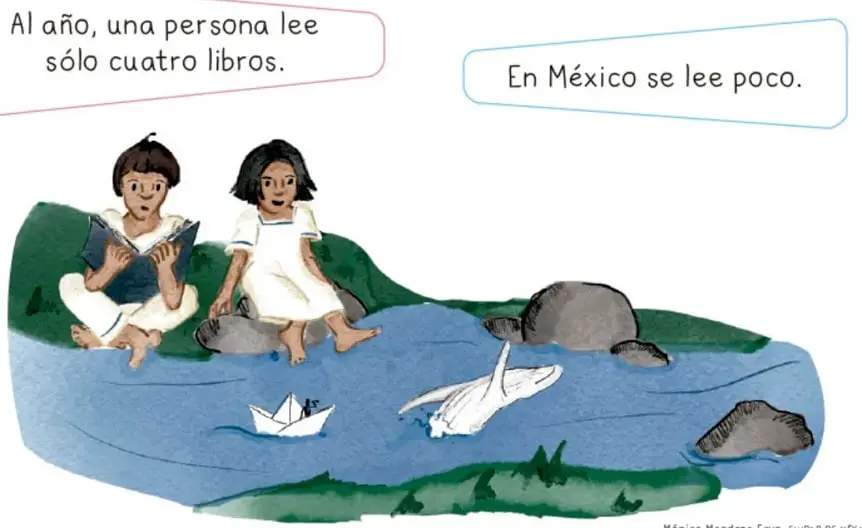 Ilustración de dos niñas sentadas leyendo junto a un río, con un barquito de papel flotando, un pescador y rocas; encima, dos globos de diálogo con los mensajes sobre la lectura en México. Crédito: Mónica Mendoza Cruz, Ciudad de México.