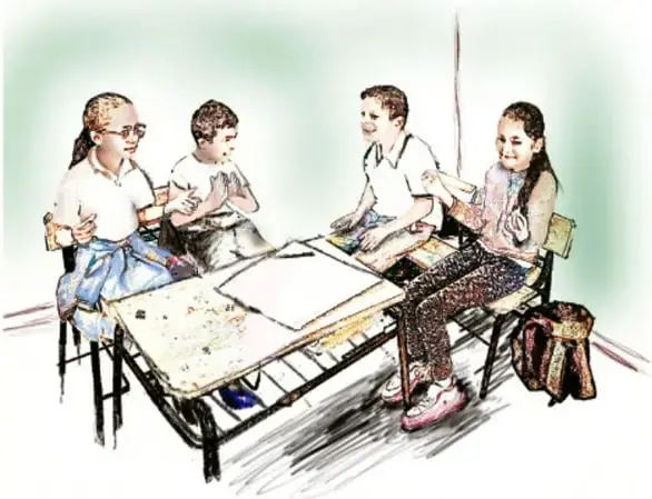Ilustración de cuatro estudiantes sentados alrededor de una mesa, leyendo y escuchando.