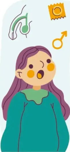 Ilustración de una adolescente pensativa con íconos de métodos anticonceptivos, símbolos de género y un útero.