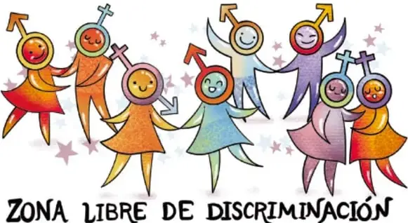 Dos personas jóvenes sonriendo rodeadas de símbolos de género en tonos morados y azules.