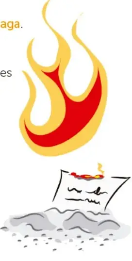 Llama roja y amarilla de gran tamaño que se apaga sobre una hoja de papel con escritura y un montón de ceniza gris; alrededor, remolinos de viento.