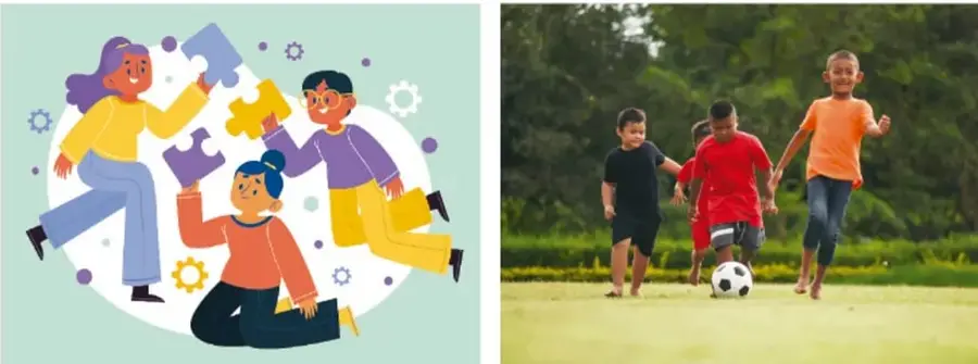 Ilustración de tres personas (dos mujeres y un hombre) armando juntas un rompecabezas gigante sobre un círculo verde, rodeadas de engranajes, símbolo de colaboración y trabajo en equipo.
