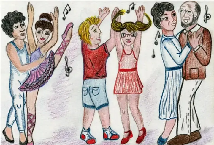 Ilustración a color de personas bailando: una bailarina de ballet con su pareja de baile, dos niños saltando con notas musicales y una pareja de adultos mayores abrazados; firmada por Elizabeth Solé Balderras (RL AMXL).