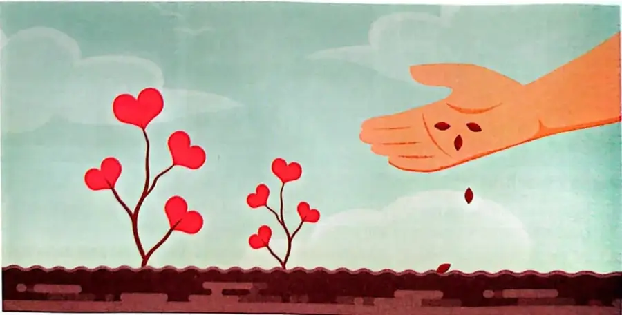 Ilustración de una mano que sostiene y deja caer semillas sobre el suelo, junto a plantas con flores en crecimiento.