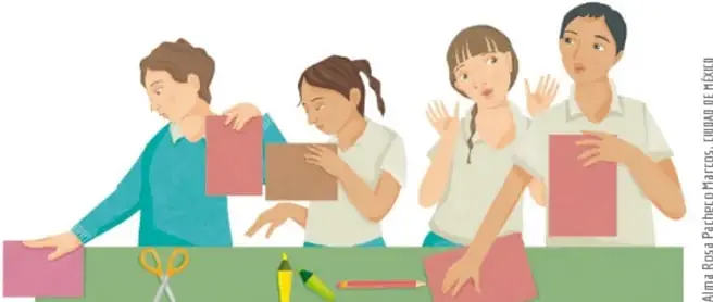 Ilustración de cuatro estudiantes trabajando juntos en un proyecto escolar, con materiales como tijeras, colores y papel sobre la mesa.