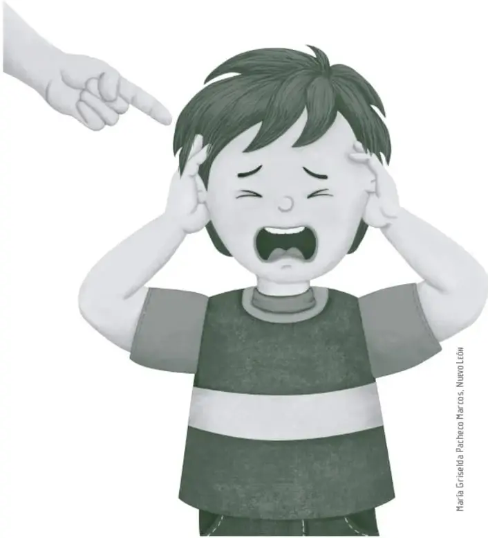 Ilustración de un niño con expresión de angustia que se tapa los oídos y grita, mientras una mano adulta lo señala con el dedo índice. Representa la violencia verbal o psicológica hacia la niñez. Crédito: María Griselda Pacheco Marcos, Nuevo León.