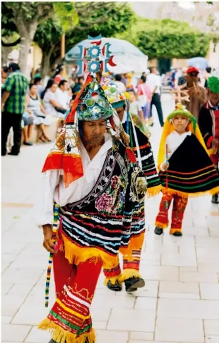 Fotografía de un desfile o danza tradicional con personas vestidas con trajes coloridos y máscaras, en una calle con público.