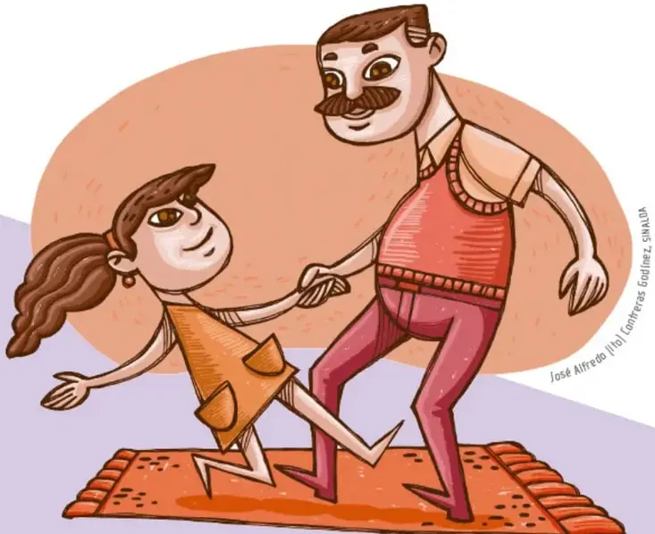 Ilustración de un adulto con bigote y una niña tomados de la mano, bailando juntos sobre una alfombra, representando la convivencia en familia. Crédito: José Alfredo [Ito] Contreras Godínez, Sinaloa.