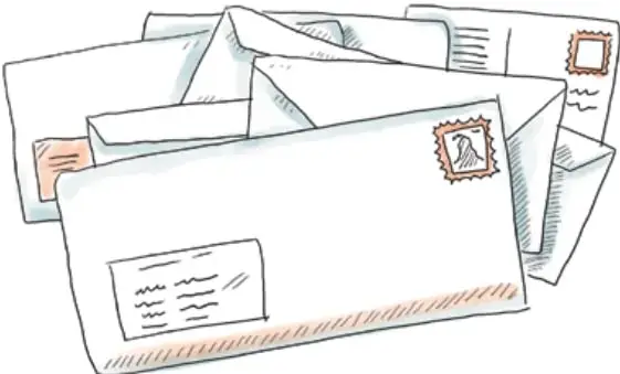 Ilustración de varios sobres de carta apilados, algunos con estampillas y líneas de dirección.