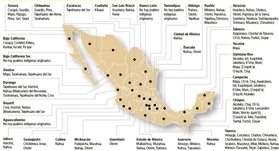 Mapa de México con etiquetas que indican las lenguas indígenas habladas en cada estado; algunos estados señalan que no tienen pueblos indígenas originarios.