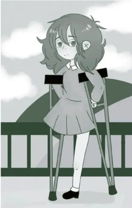 Ilustración de una niña con muletas, cabello corto y vestido, de pie frente a una barandilla y un cielo con nubes.