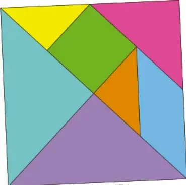 Tangram de un cuadrado dividido en 7 piezas de colores (amarillo, verde, rosa, morado, celeste, naranja y azul), acreditado a Alexander Felipe Hernández Flores, PUEBLA.