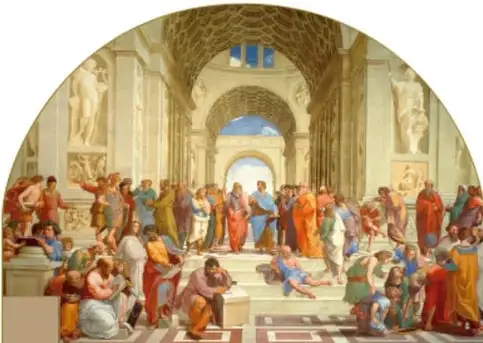 Reproducción de la pintura de Rafael 'La escuela de Atenas', con filósofos griegos reunidos en un gran espacio arquitectónico.