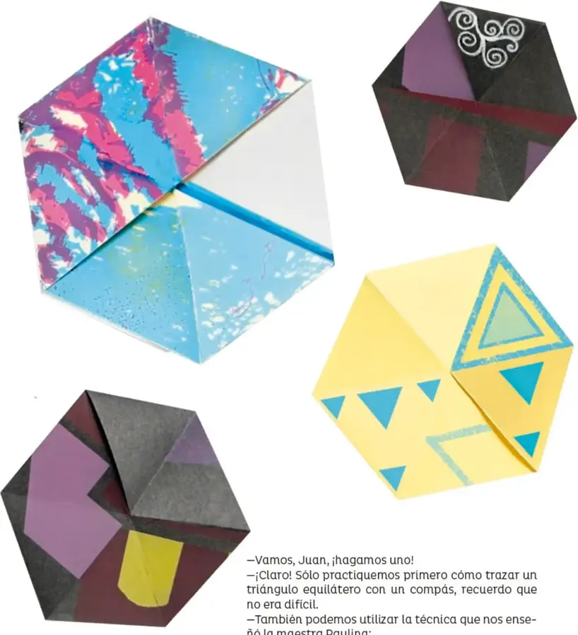 Flexágono hexagonal con caras de colores azul, rosa y blanco, con patrones abstractos.