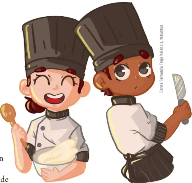 Ilustración de dos personas cocineras: una mujer con gorro de chef sosteniendo un cucharón sobre un tazón, y un hombre con gorro de chef sosteniendo un cuchillo. Ambos usan uniforme blanco y delantal. La imagen refuerza que hombres y mujeres pueden ejercer la misma profesión.