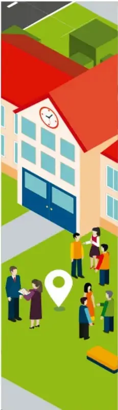 Ilustración de una escuela con personas y un marcador de ubicación, que representa la comunidad escolar y las zonas de seguridad.