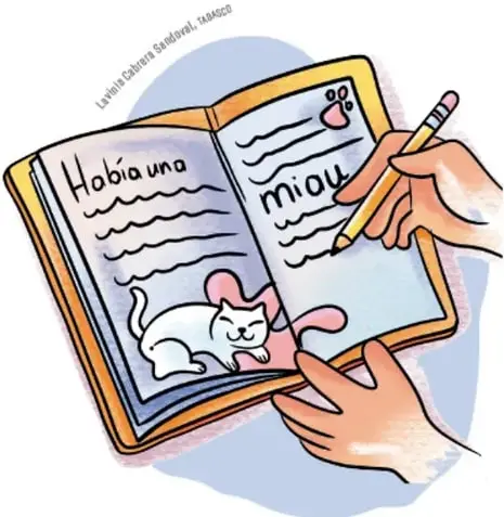 Mano pintando la portada de un libro con pincel, frasco de pintura y decoración de gato.