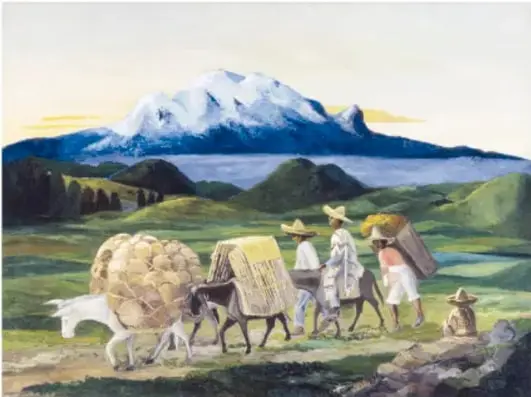 Reproducción del cuadro Arrieros (1923) de Ramón Cano Manilla: campesinos con sombreros y bultos, acompañados de burros, avanzan por un camino rural; al fondo, un volcán nevado y cielo azul.