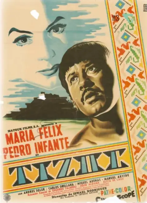 Cartel de la película Tizoc con María Félix y Pedro Infante, sobre fondo colorido con motivo indígena.