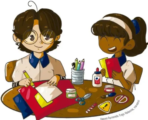 Ilustración de dos estudiantes (un niño con lentes y una niña) sentados en una mesa redonda. Sobre la mesa hay útiles escolares: lápices, tijeras, pegamento, recortes de papel de colores y una señal de advertencia triangular. Están elaborando un trabajo manual.