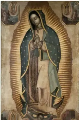 Imagen histórica de la Virgen de Guadalupe con rayos dorados y elementos iconográficos católicos y mesoamericanos.