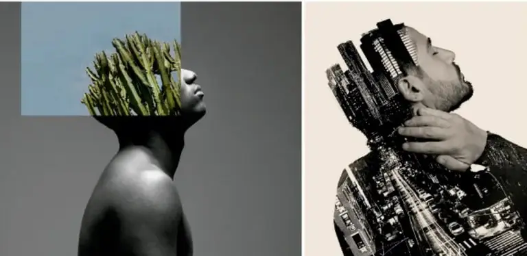 Fotografía artística de una figura humana en cuyo rostro crecen plantas o vegetación, representando la sinécdoque en artes visuales.