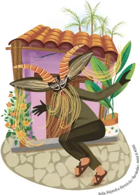 Ilustración de una familia (madre, padre, hija e hijo) de pie en un patio con plantas y palmeras. Crédito: Nidia Alejandra Hernández Hernández.