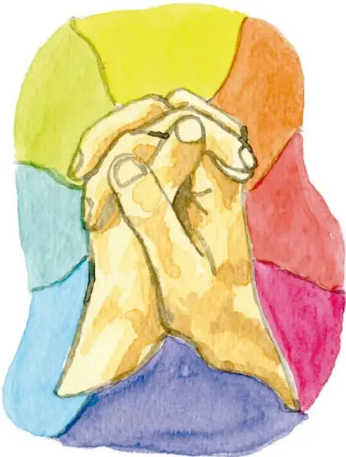 Dibujo a acuarela de dos manos entrelazadas (índices unidos) sobre un fondo de manchas de colores: amarillo, naranja, rojo, azul y violeta. Crédito: Festus, Ciudad de México.