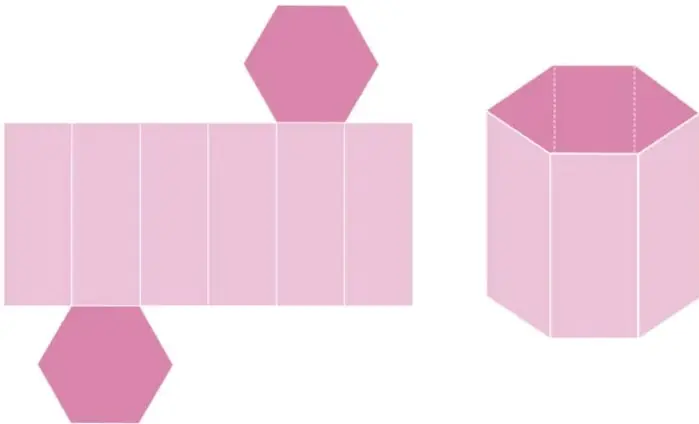 Desarrollo plano de un prisma hexagonal: seis rectángulos rosados en fila y dos hexágonos rosados unidos arriba y abajo.