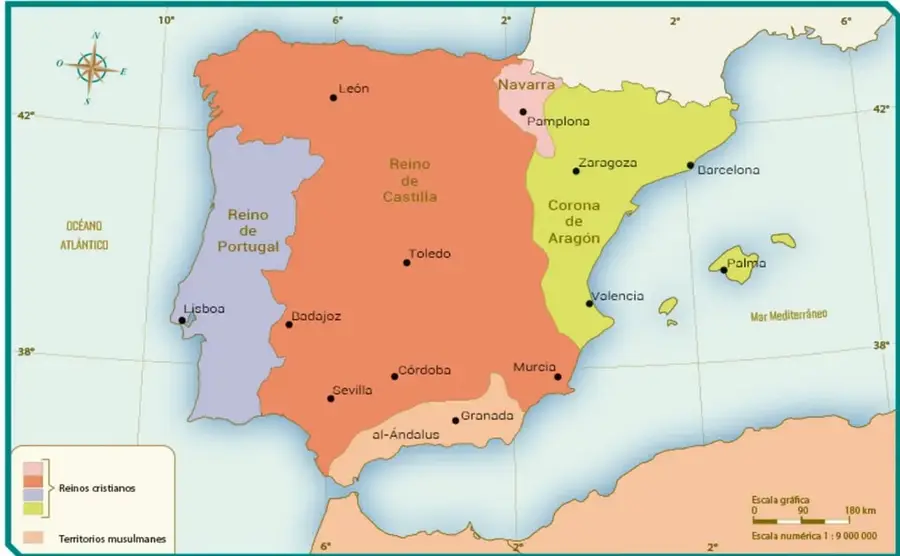 Mapa histórico de la península ibérica en el siglo XV que muestra los reinos cristianos (Portugal, Castilla, Aragón y Navarra) y los territorios musulmanes (al-Ándalus), con ciudades principales, límites marítimos y escala 1:9 000 000.