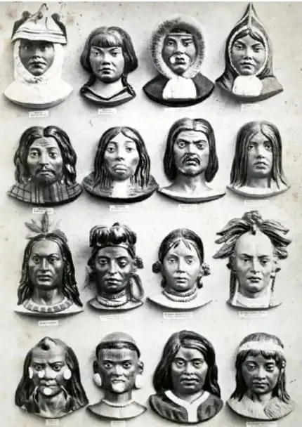 Lámina histórica con dieciséis cabezas de cera que representan supuestos tipos de razas humanas, publicada por Karl Ernst von Baer en 1862; Europa quedó excluida.