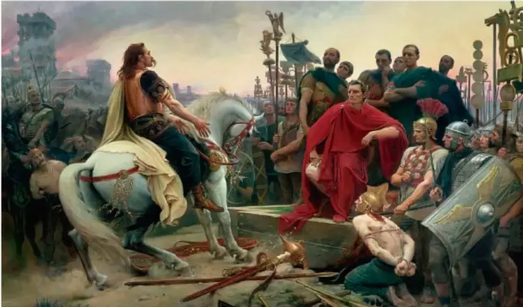 Pintura que muestra a un líder bárbaro a caballo frente a un grupo de romanos, con soldados y estandartes, representando la rendición o negociación.