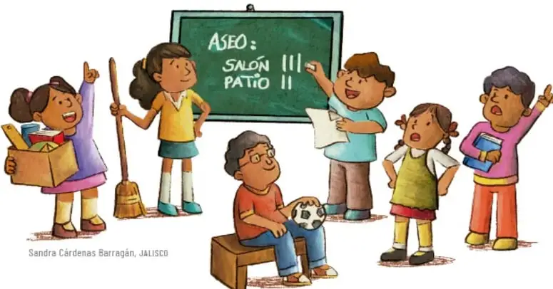 Ilustración de un grupo de niños y niñas en un salón de clases. Uno de ellos señala una pizarra con la palabra 'ASEO: SALÓN, PATIO'. Otros sostienen una escoba, una caja con libros y un balón. Al pie: 'Sandra Cárdenas Barragán, JALISCO'.