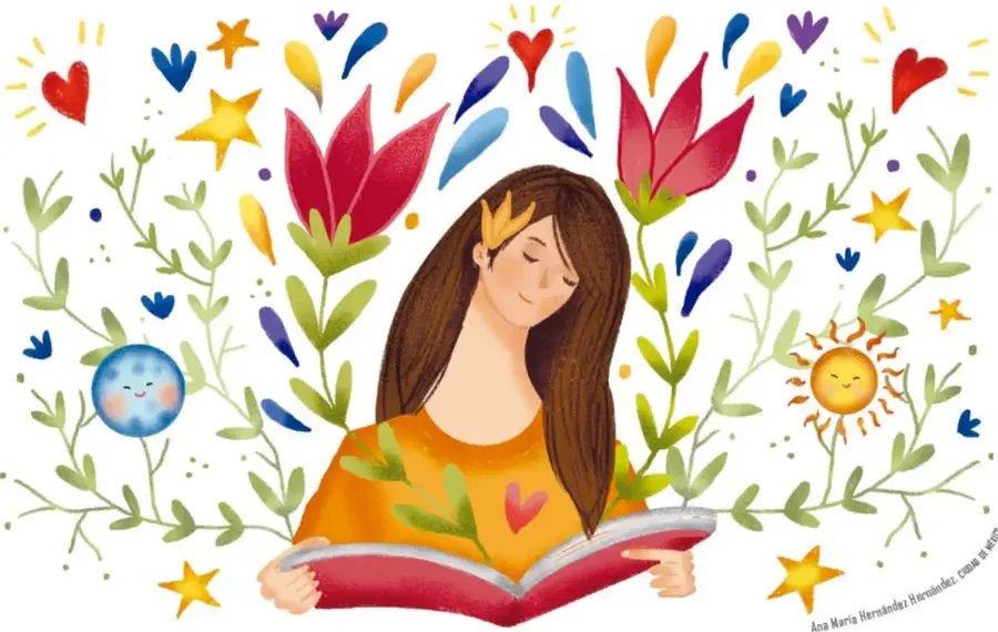 Ilustración de una joven de cabello largo leyendo un libro abierto, rodeada de flores, hojas, corazones, estrellas, un sol y una luna sonrientes. Ilustración de Ana María Hernández Hernández, Ciudad de México.