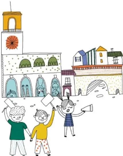 Ilustración de tres niños y niñas frente a un edificio con torre y arcos, sosteniendo carteles y un megáfono, representando la organización de un evento comunitario.