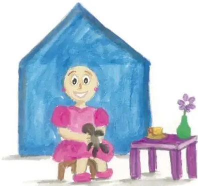 Ilustración de una niña sentada en una silla con un perro, junto a una mesa con una taza y una flor, dentro de una casa azul.