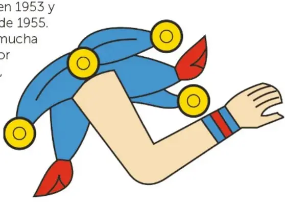 Ilustración estilizada de una mano y brazo con adorno azul, amarillo y rojo, representando probablemente un detalle del monumento o motivo decorativo.