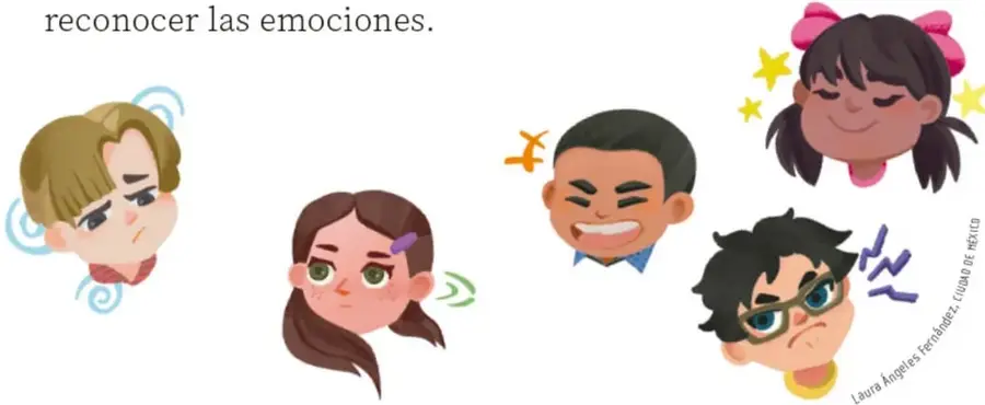 Niña de cabello rizado oscuro con labios abiertos en gesto de sorpresa y signos rojos sobre la cabeza.