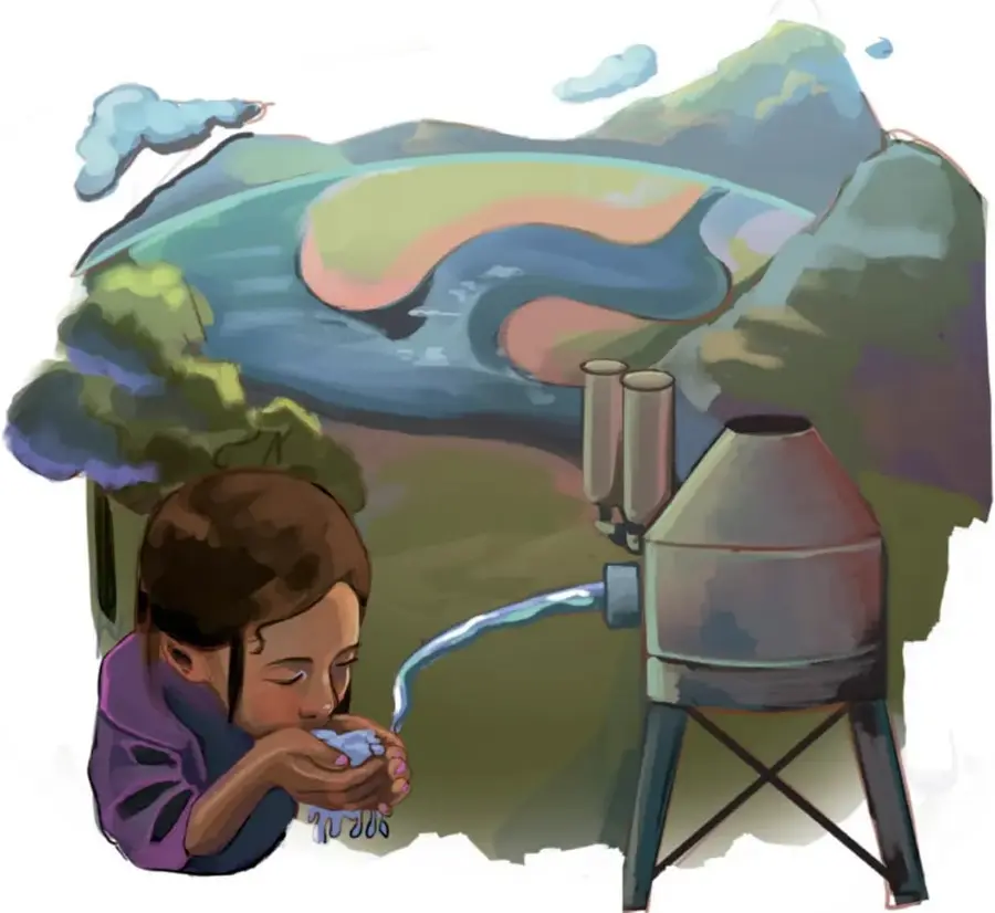 Ilustración de una niña que bebe agua con las manos, limpiamente vertida desde un tinaco (depósito de agua sobre patas metálicas); al fondo, un paisaje con un lago o río rodeado de cerros y árboles. Firma: Abigail Godoy Araujo, Querétaro.