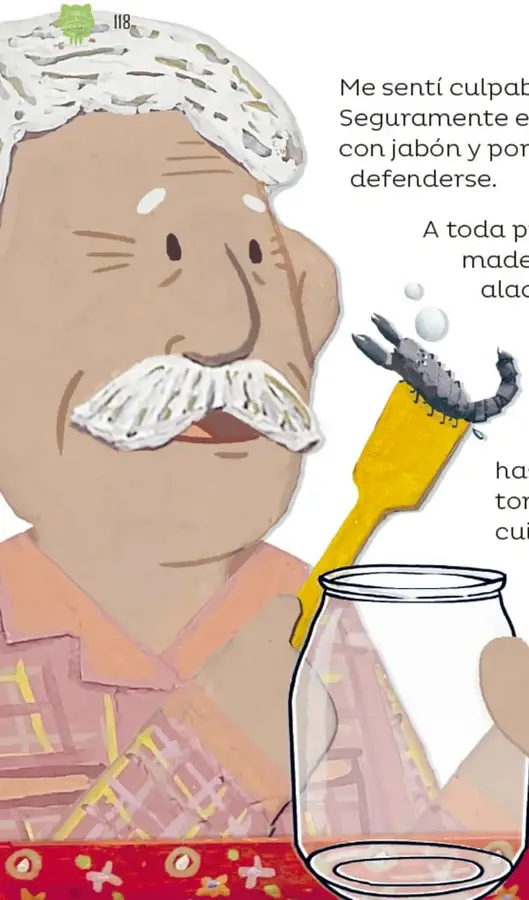 Ilustración de un abuelito con bigote blanco, camisa rosa, sosteniendo una palita de madera con un alacrán y un frasco de vidrio.