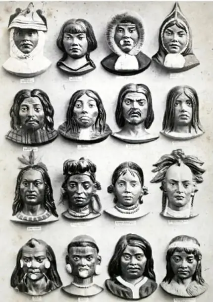 Lámina en blanco y negro de 1862 con dieciséis cabezas de cera de distintos pueblos del mundo, con variedad de tonos de piel, cabellos y vestimentas; Europa no aparece en la imagen.