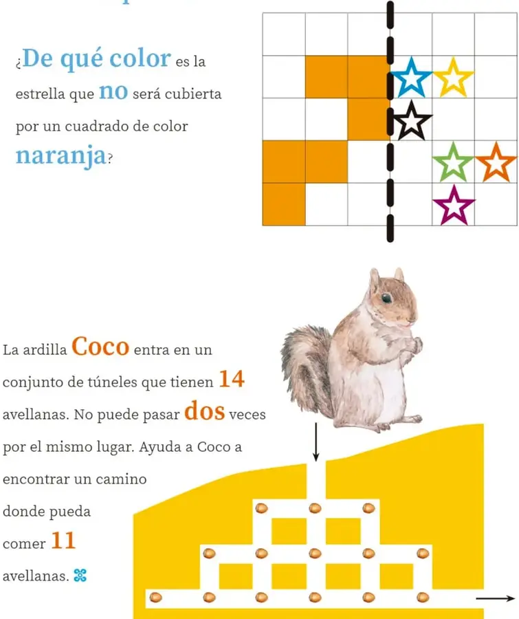 Cuadrícula con línea punteada vertical: a la izquierda, cuadrados naranjas en forma escalonada; a la derecha, estrellas de colores: azul y amarilla (arriba), negra (centro), verde y naranja (abajo), morada (último renglón).