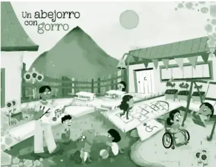 Miniatura de las páginas 8-9 del libro del alumno: patio escolar con niñas y niños jugando, un abejorro con gorro, flores rosa, un girasol orientado al sol y coladeras con dibujos; incluye el título 'Un abejorro con gorro'.