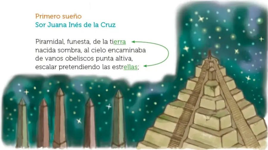 Ilustración nocturna: una gran pirámide escalonada al pie de un cielo estrellado y varios obeliscos; sobre la cima aparece una figura diminuta. Crédito: Jodselin Hernández Falcón, Estado de México.